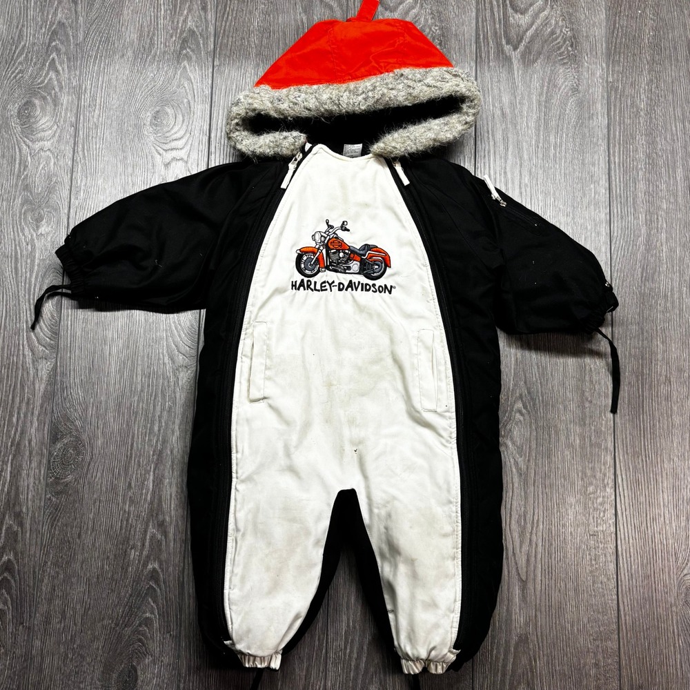 Harley Davidson Infant Snowsuit 24M Black White Orange Bunting Hooded Y2k